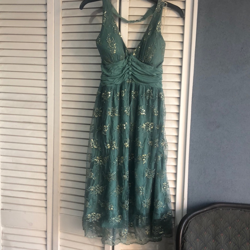 Green and gold halter maxi dress